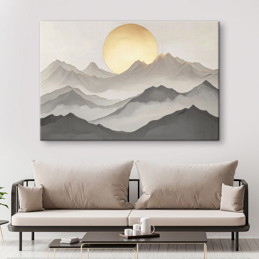 Schilderij van bergen en de zon