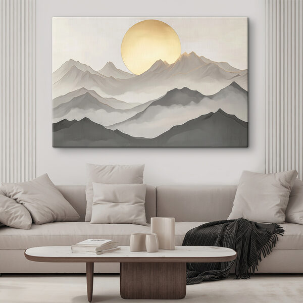 Schilderij van bergen en de zon Schilderij van bergen en de zon