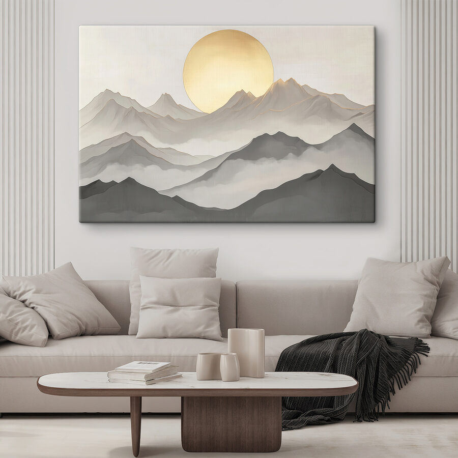 Schilderij van bergen en de zon