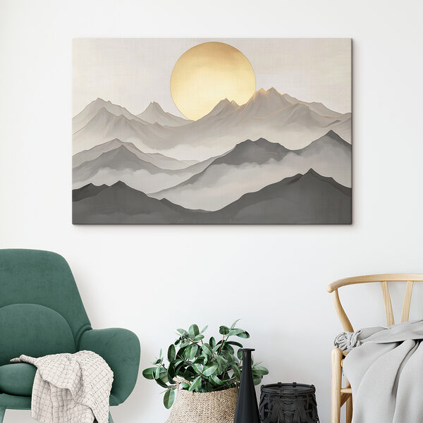 Schilderij van bergen en de zon Schilderij van bergen en de zon