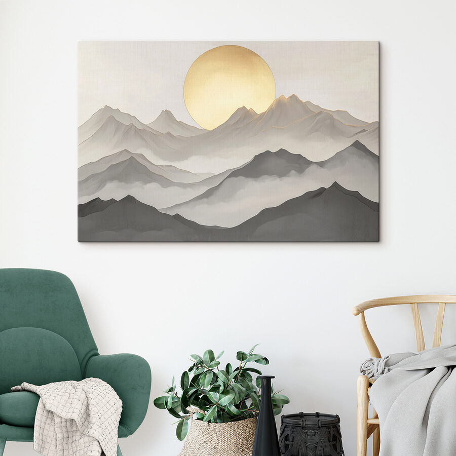 Schilderij van bergen en de zon