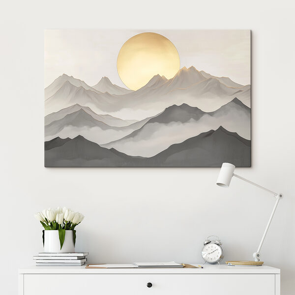 Schilderij van bergen en de zon Schilderij van bergen en de zon