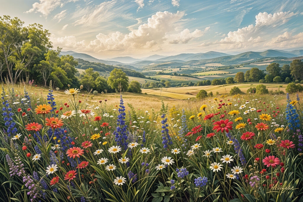 Field of flowers with mountains in the background Field of flowers with mountains in the background