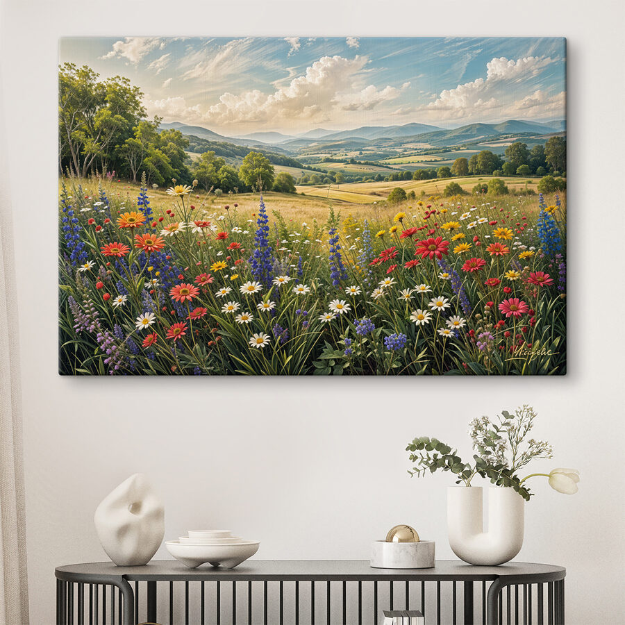Canvas Schilderijen Bloemenveld met bergen op de achtergrond
