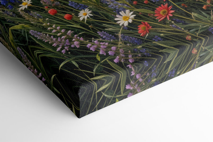 Canvas Schilderijen Bloemenveld met bergen op de achtergrond - Afbeelding 3