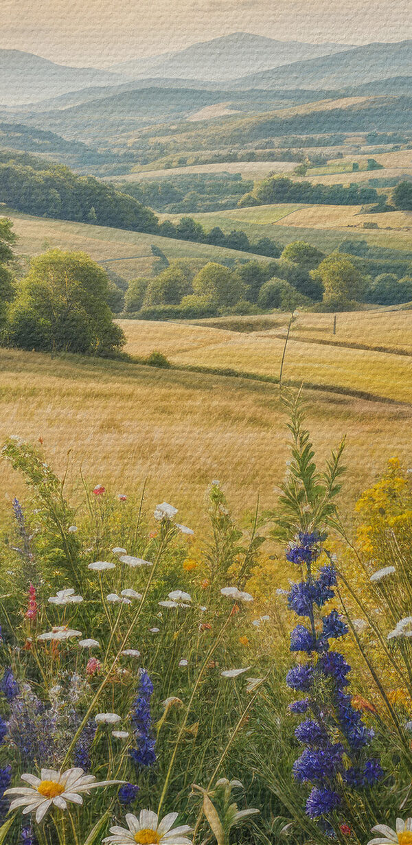 Field of flowers with mountains in the background Field of flowers with mountains in the background