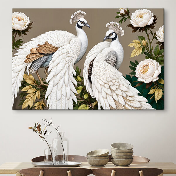 Paar witte pauwen op een tak met bloemen Paar witte pauwen op een tak met bloemen