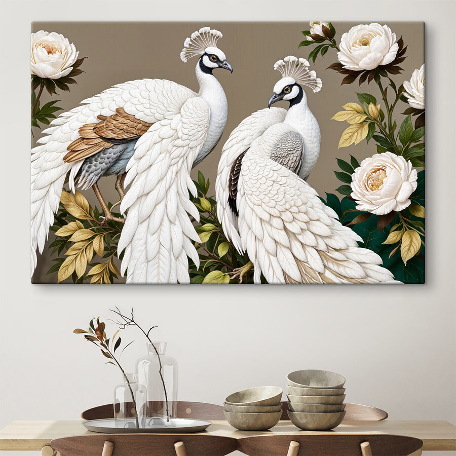 Paar witte pauwen op een tak met bloemen Paar witte pauwen op een tak met bloemen