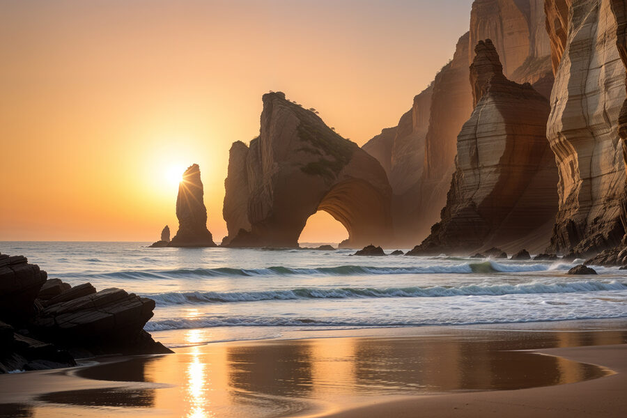 Zonsondergang over een strand met rotsen en water