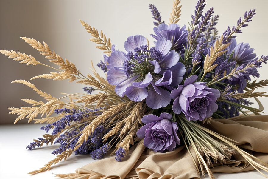 Boeket van paarse bloemen en tarwe Boeket van paarse bloemen en tarwe