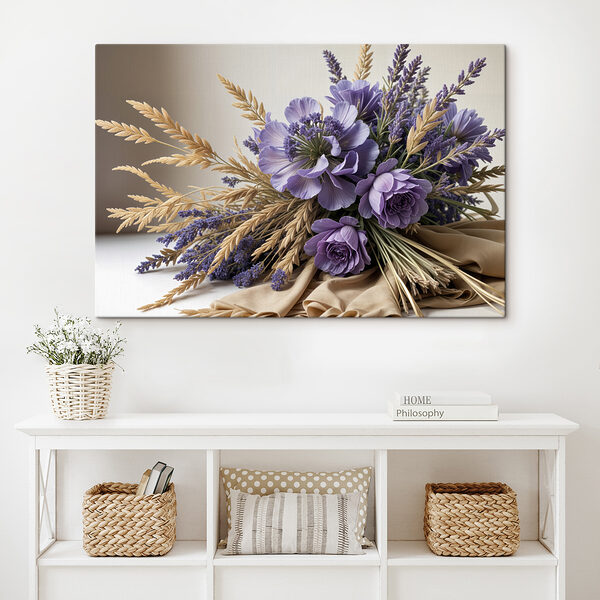 Boeket van paarse bloemen en tarwe Boeket van paarse bloemen en tarwe