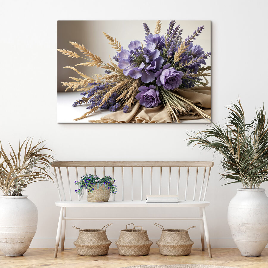 Boeket van paarse bloemen en tarwe Boeket van paarse bloemen en tarwe