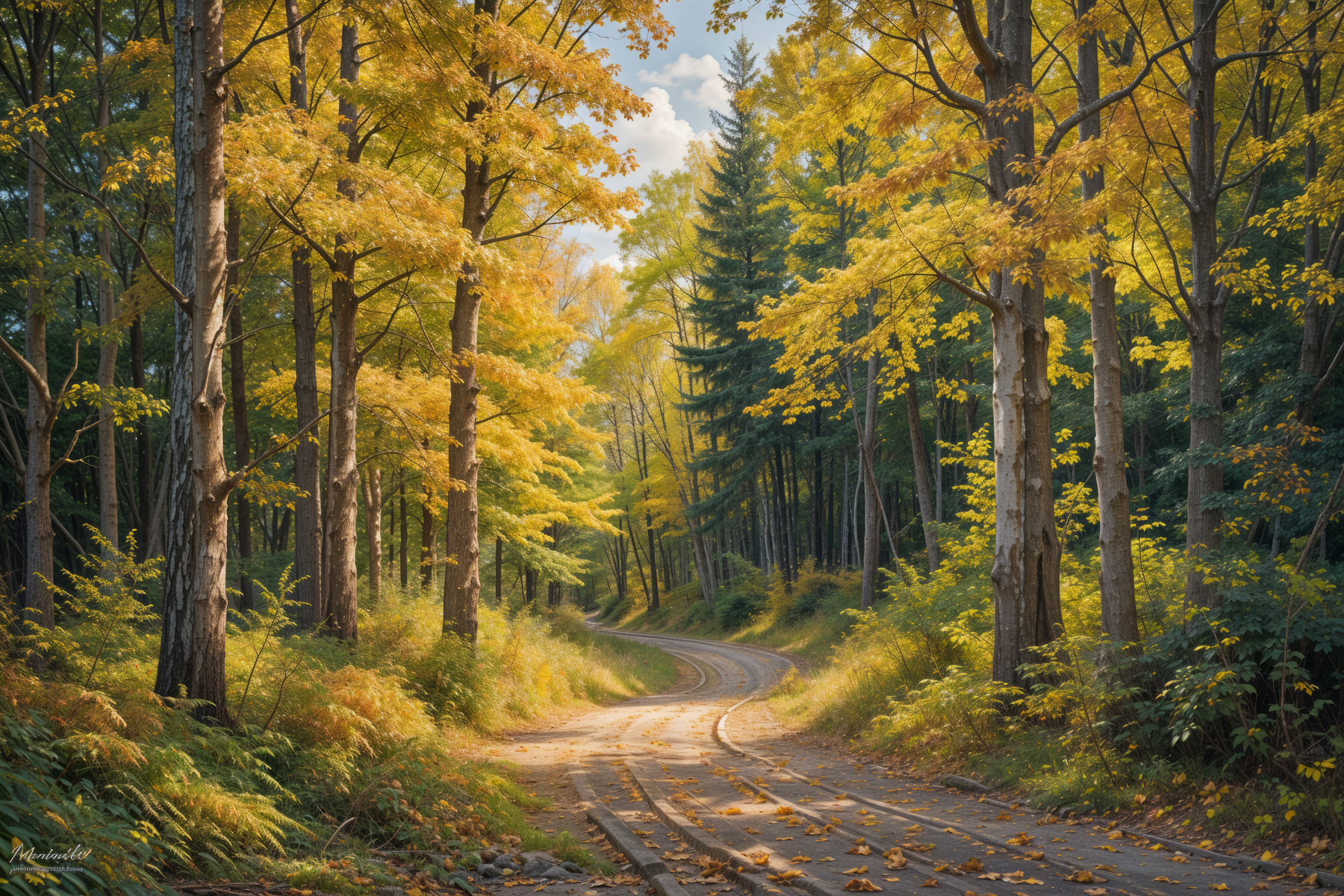 Road through a forest with yellow leaves Road through a forest with yellow leaves