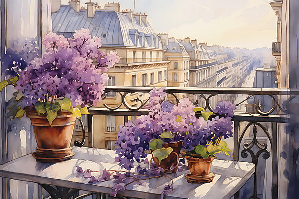 Schilderij van een balkon met paarse bloemen Schilderij van een balkon met paarse bloemen