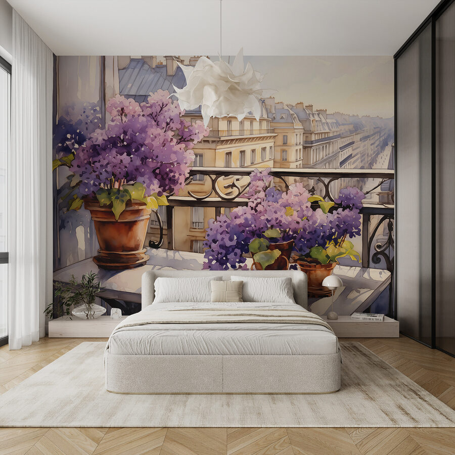 Schilderij van een balkon met paarse bloemen Schilderij van een balkon met paarse bloemen