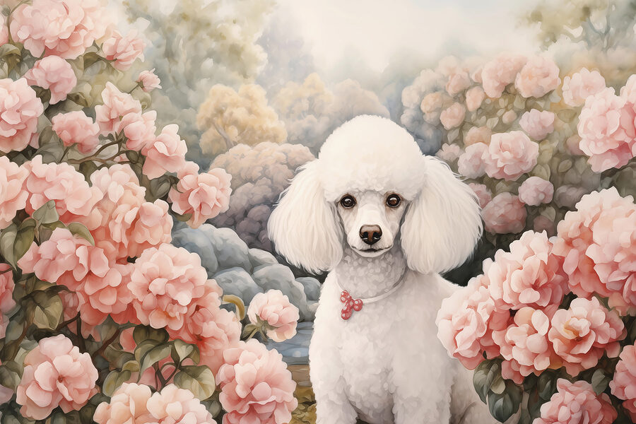 Witte hond in een tuin met roze bloemen