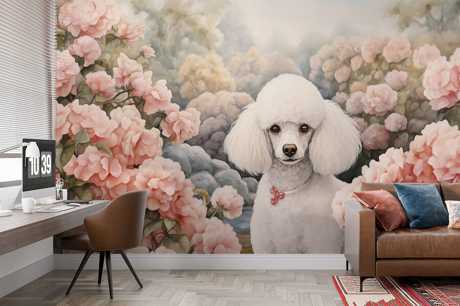 Witte hond in een tuin met roze bloemen