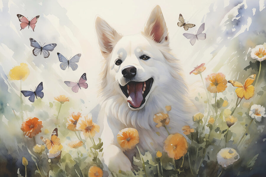 Witte hond met vlinders eromheen