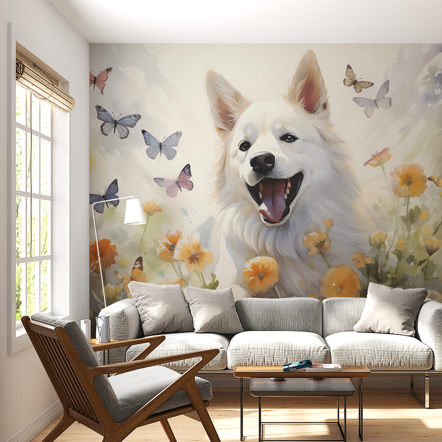 Witte hond met vlinders eromheen