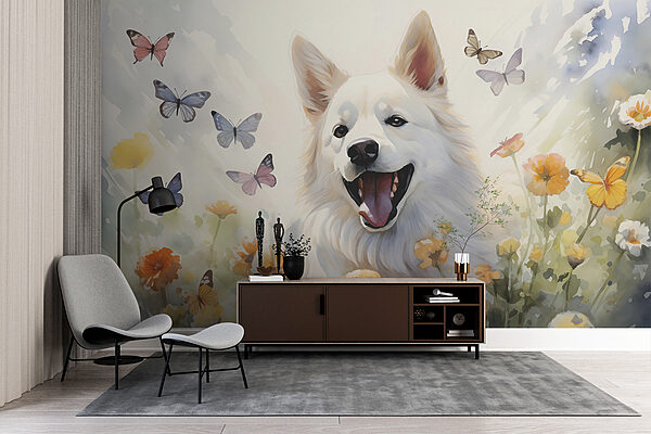Witte hond met vlinders eromheen Witte hond met vlinders eromheen