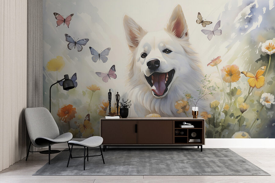 Witte hond met vlinders eromheen