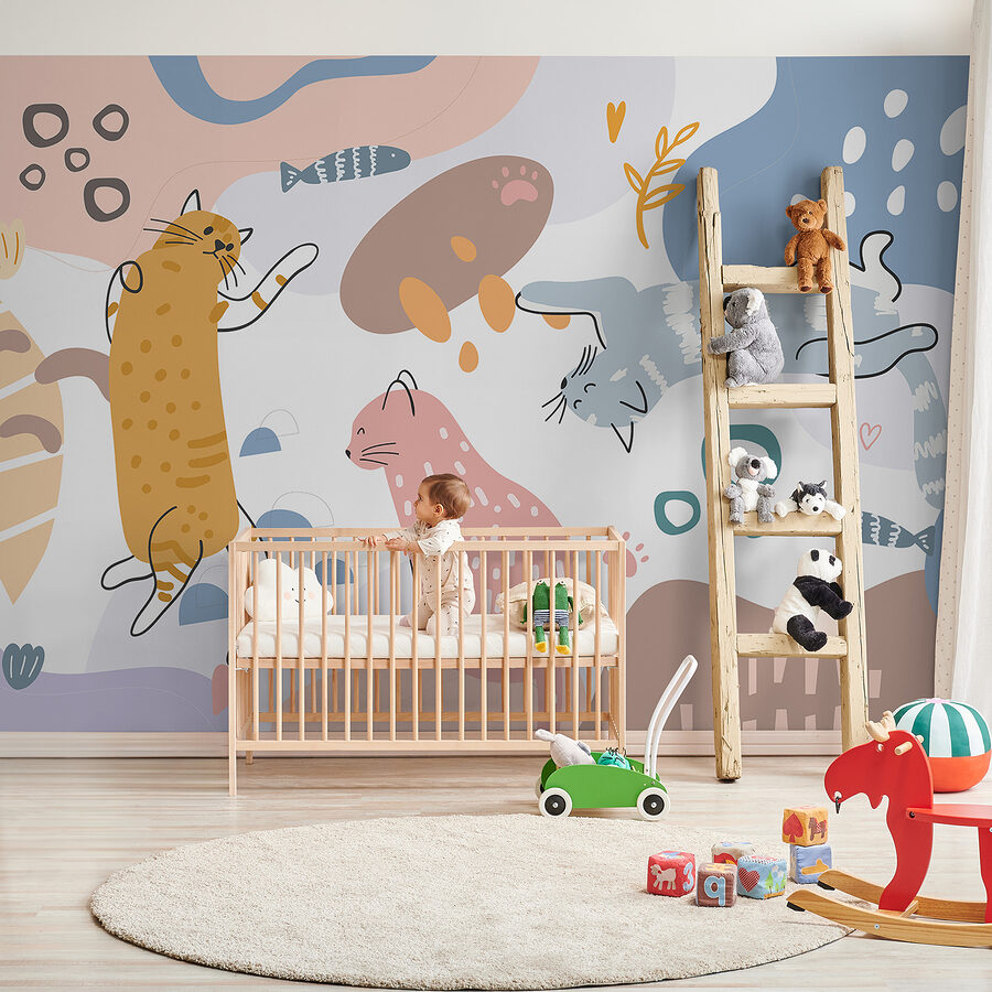 Groep katten op een kleurrijke achtergrond