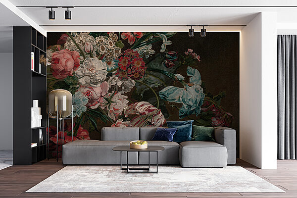Schilderij van bloemen op een donkere achtergrond Schilderij van bloemen op een donkere achtergrond