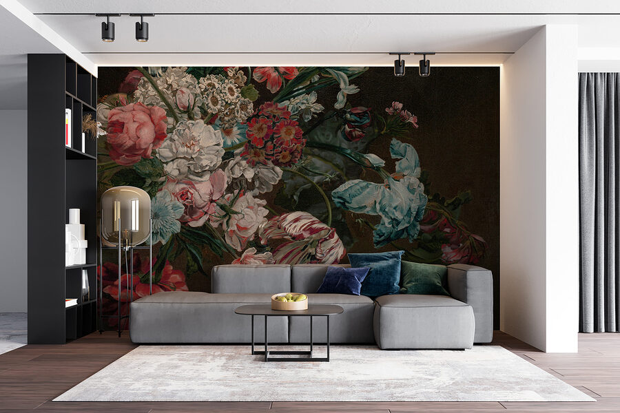 Schilderij van bloemen op een donkere achtergrond