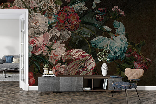 Schilderij van bloemen op een donkere achtergrond Schilderij van bloemen op een donkere achtergrond