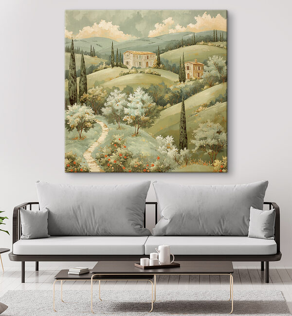 Schilderij van een huis op een heuvel Schilderij van een huis op een heuvel