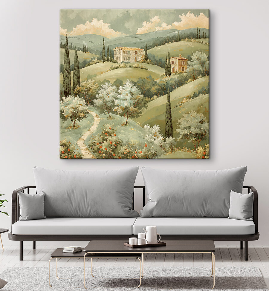 Schilderij van een huis op een heuvel