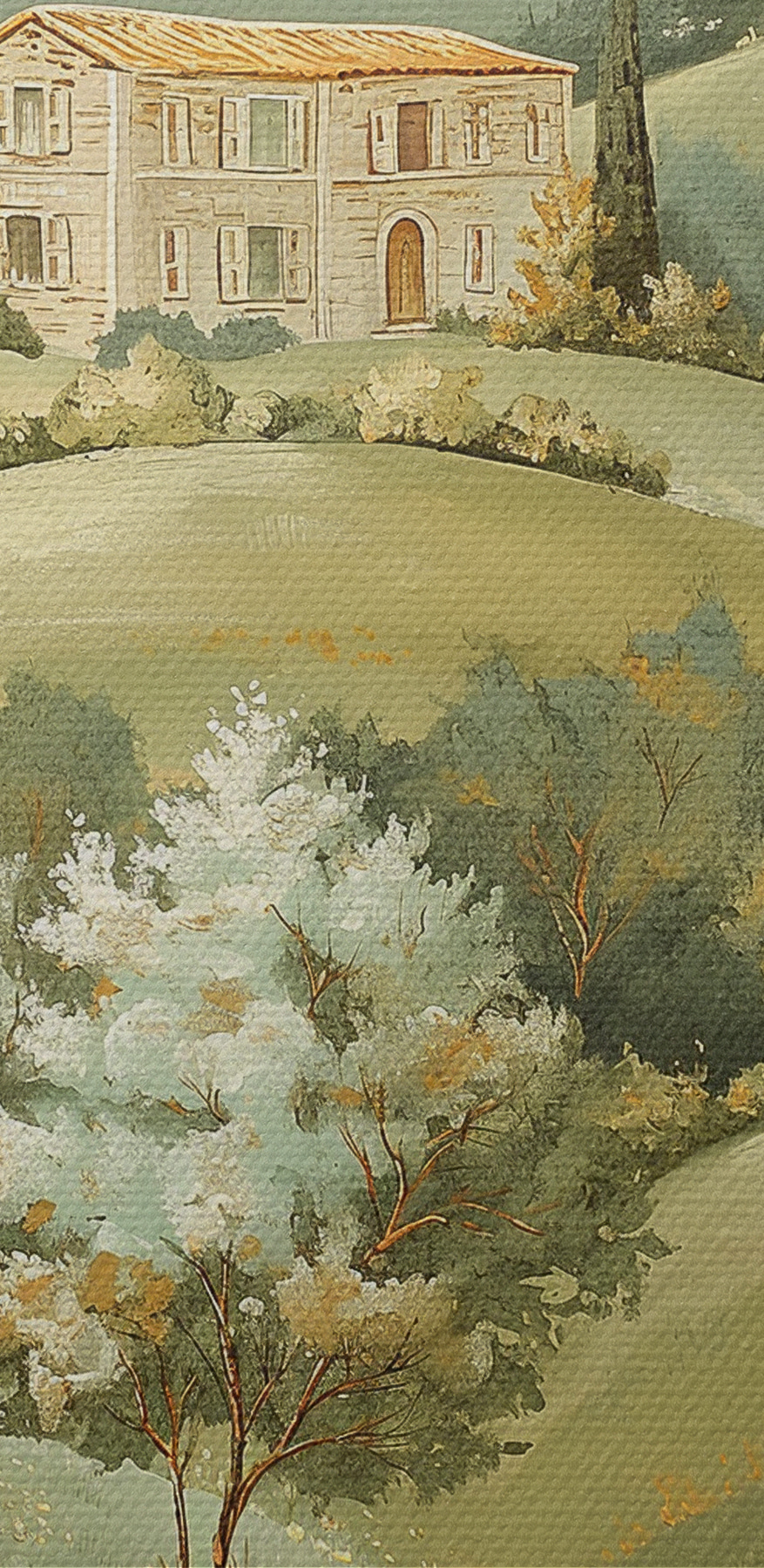 Schilderij van een huis op een heuvel