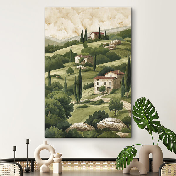 Schilderij van een landschap met huizen en bomen Schilderij van een landschap met huizen en bomen