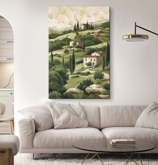Schilderij van een landschap met huizen en bomen Schilderij van een landschap met huizen en bomen