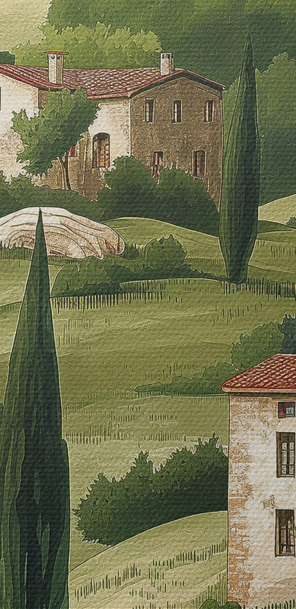 Schilderij van een landschap met huizen en bomen Schilderij van een landschap met huizen en bomen