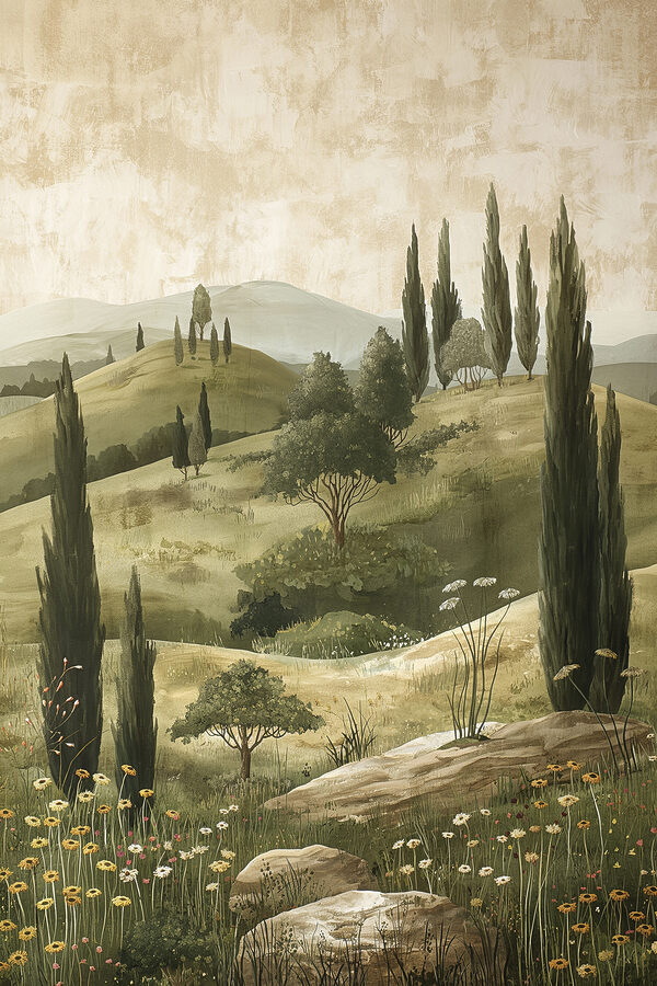 Schilderij van een landschap met bomen en heuvels Schilderij van een landschap met bomen en heuvels