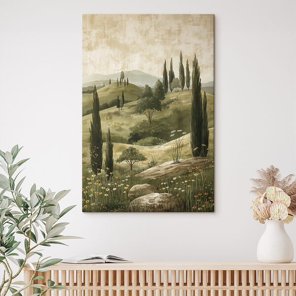 Schilderij van een landschap met bomen en heuvels Schilderij van een landschap met bomen en heuvels