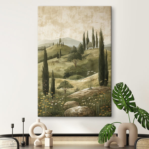 Schilderij van een landschap met bomen en heuvels Schilderij van een landschap met bomen en heuvels