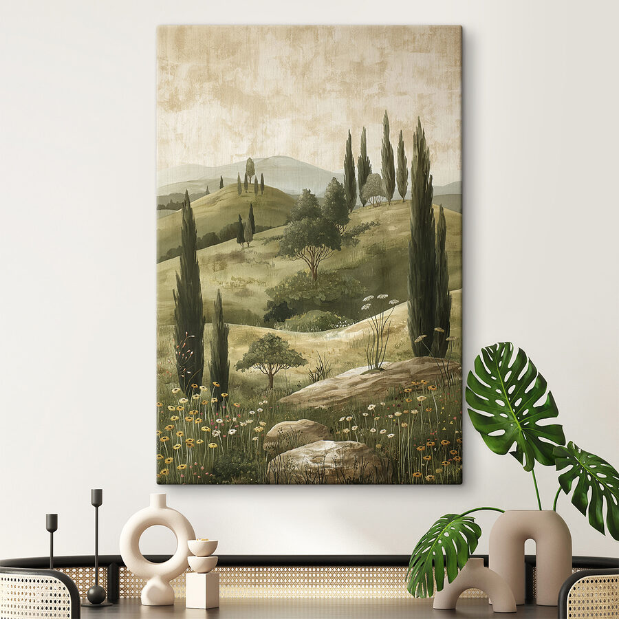Schilderij van een landschap met bomen en heuvels