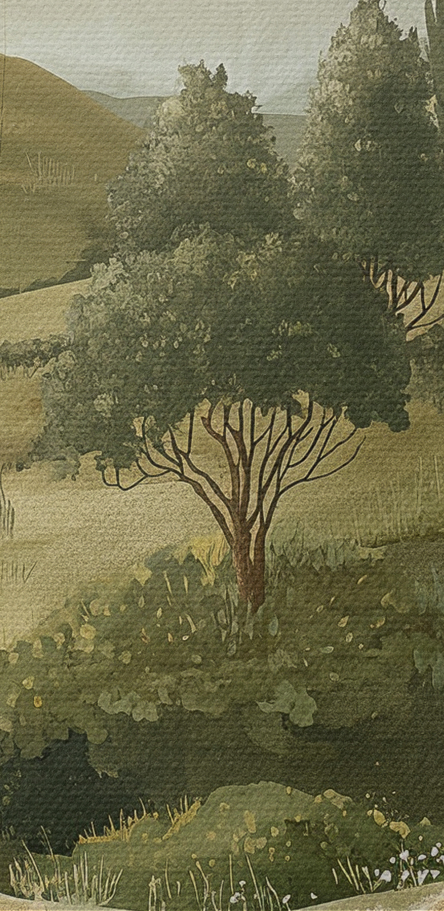 Schilderij van een landschap met bomen en heuvels