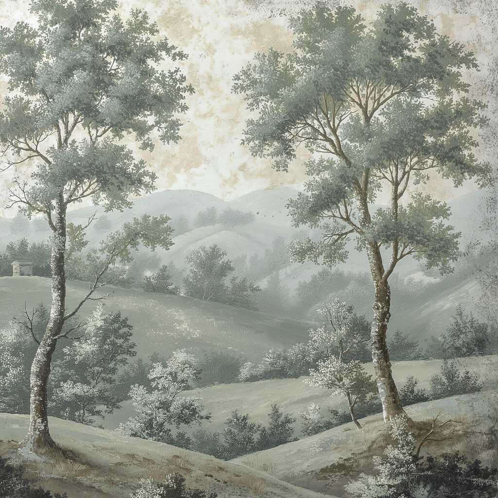 Painting of trees on a hill
