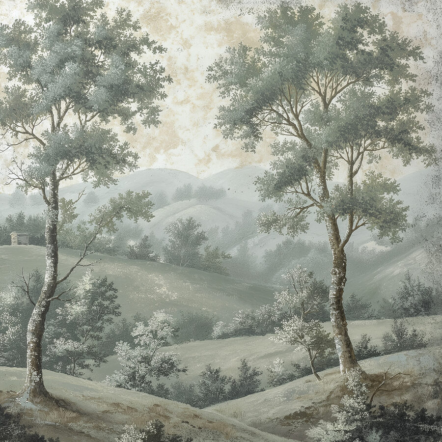 Schilderij van bomen op een heuvel