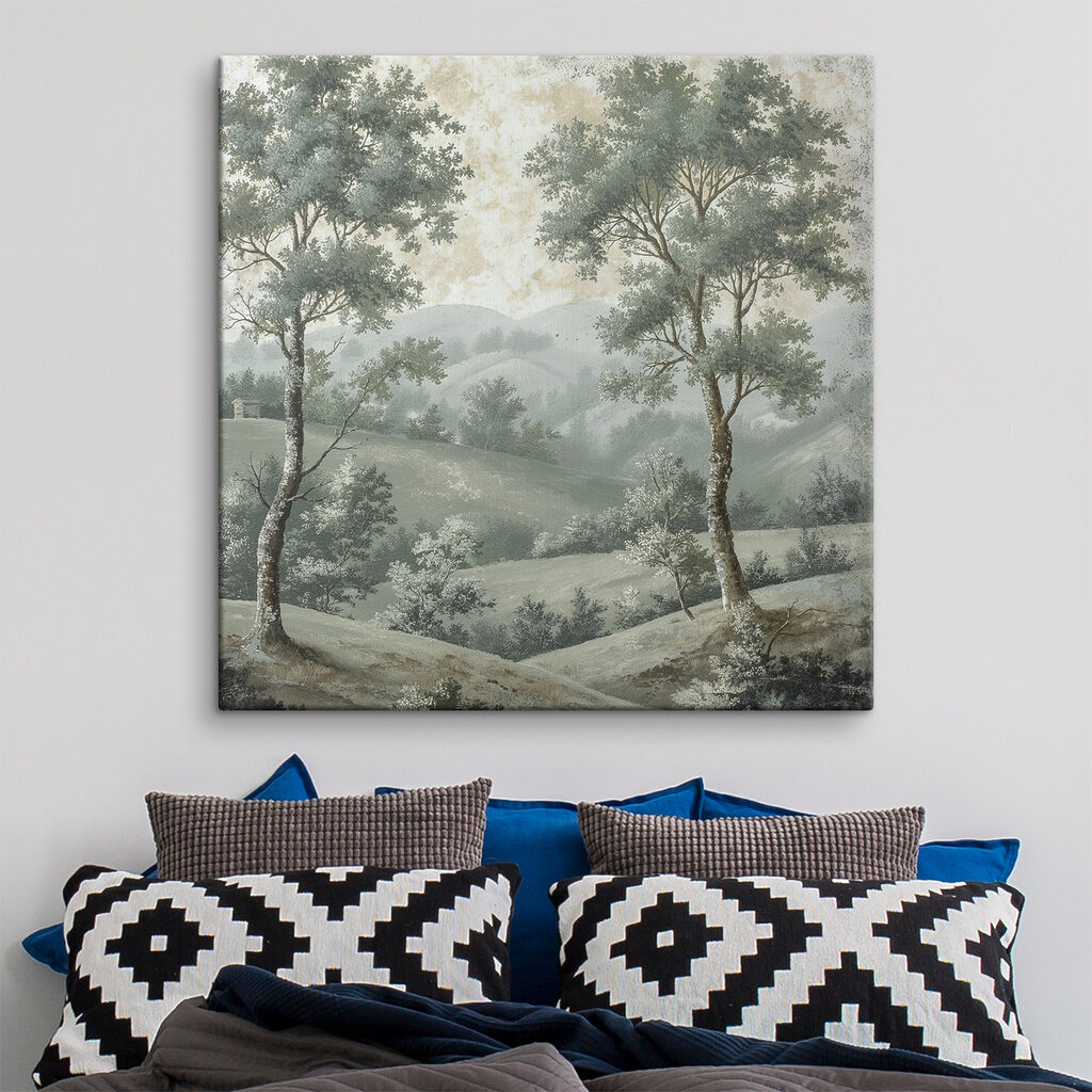 Painting of trees on a hill