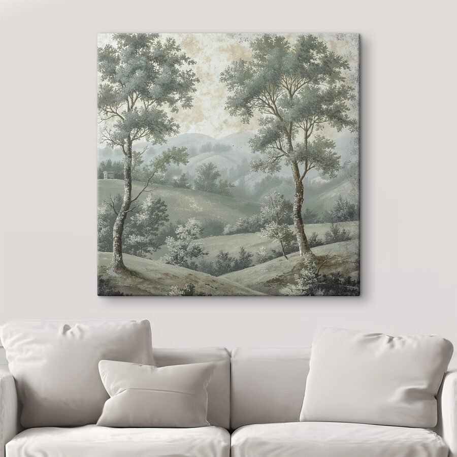 Schilderij van bomen op een heuvel