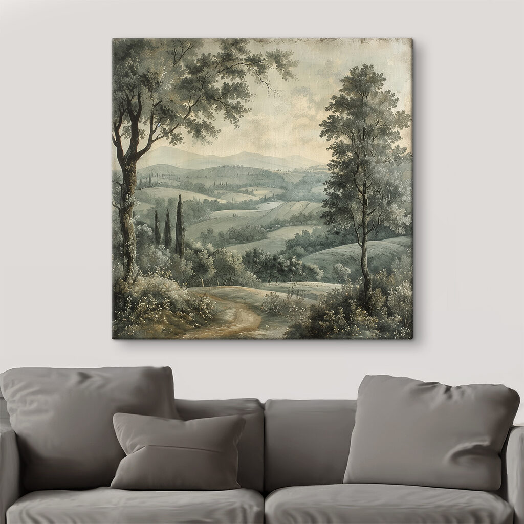 Painting of a landscape with trees and hills Painting of a landscape with trees and hills