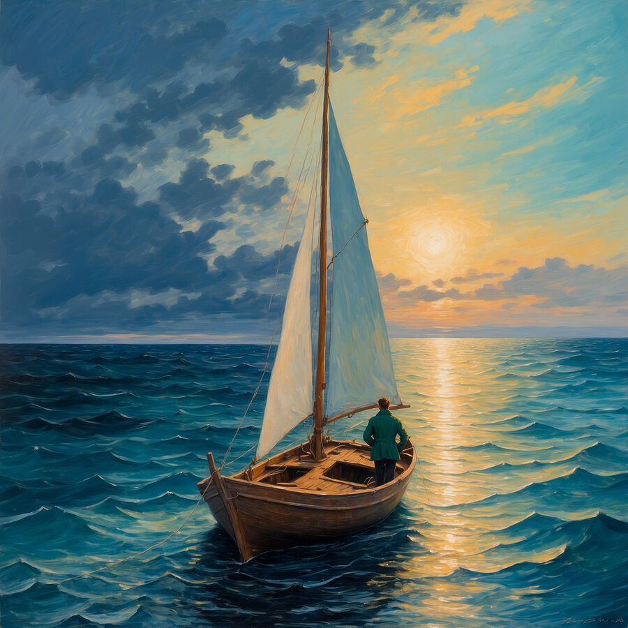 Schilderij van een man in een boot in de oceaan Schilderij van een man in een boot in de oceaan