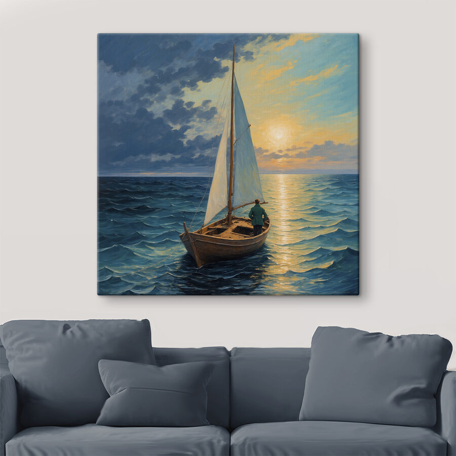 Schilderij van een man in een boot in de oceaan Schilderij van een man in een boot in de oceaan