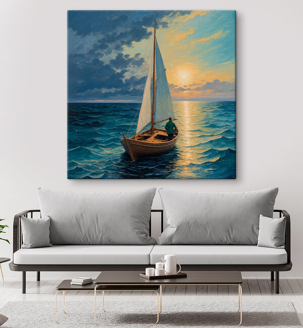 Schilderij van een man in een boot in de oceaan Schilderij van een man in een boot in de oceaan