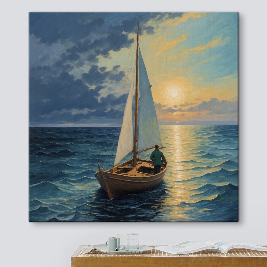 Schilderij van een man in een boot in de oceaan Schilderij van een man in een boot in de oceaan