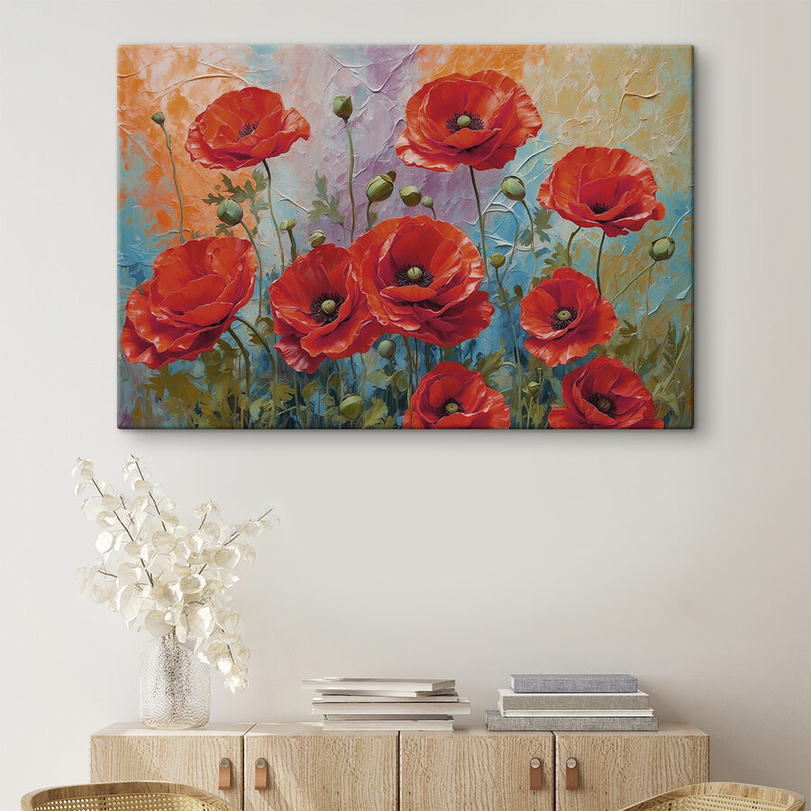 Canvas Schilderijen Schilderij van rode bloemen - Afbeelding 2